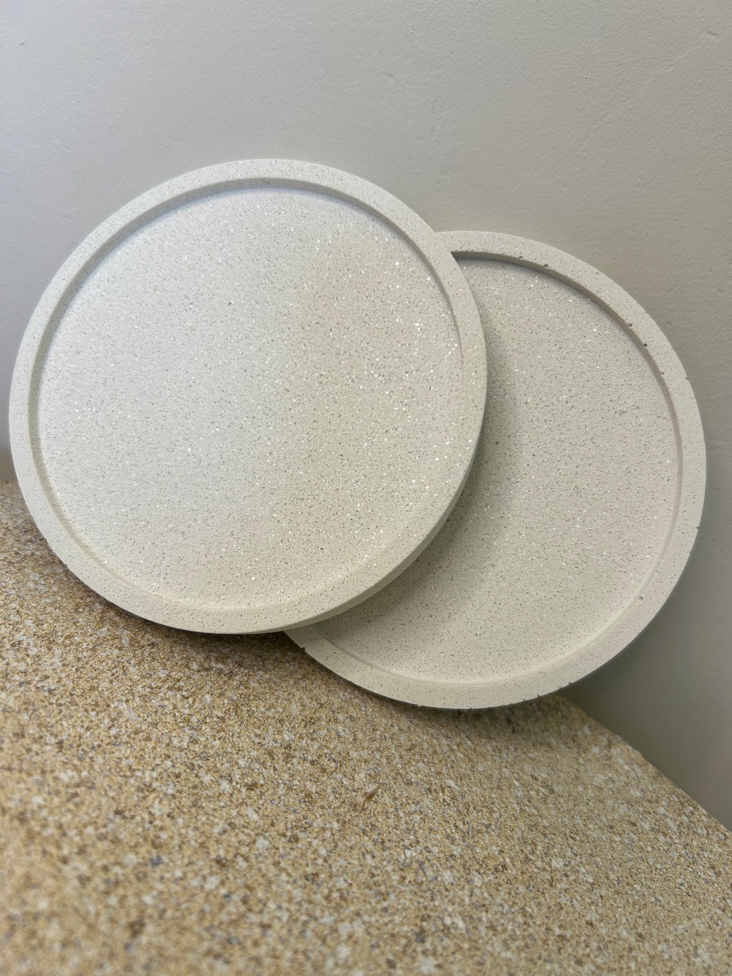 Handmade Home Accessories - two white marble coasters stacked to show the glisten in the sun