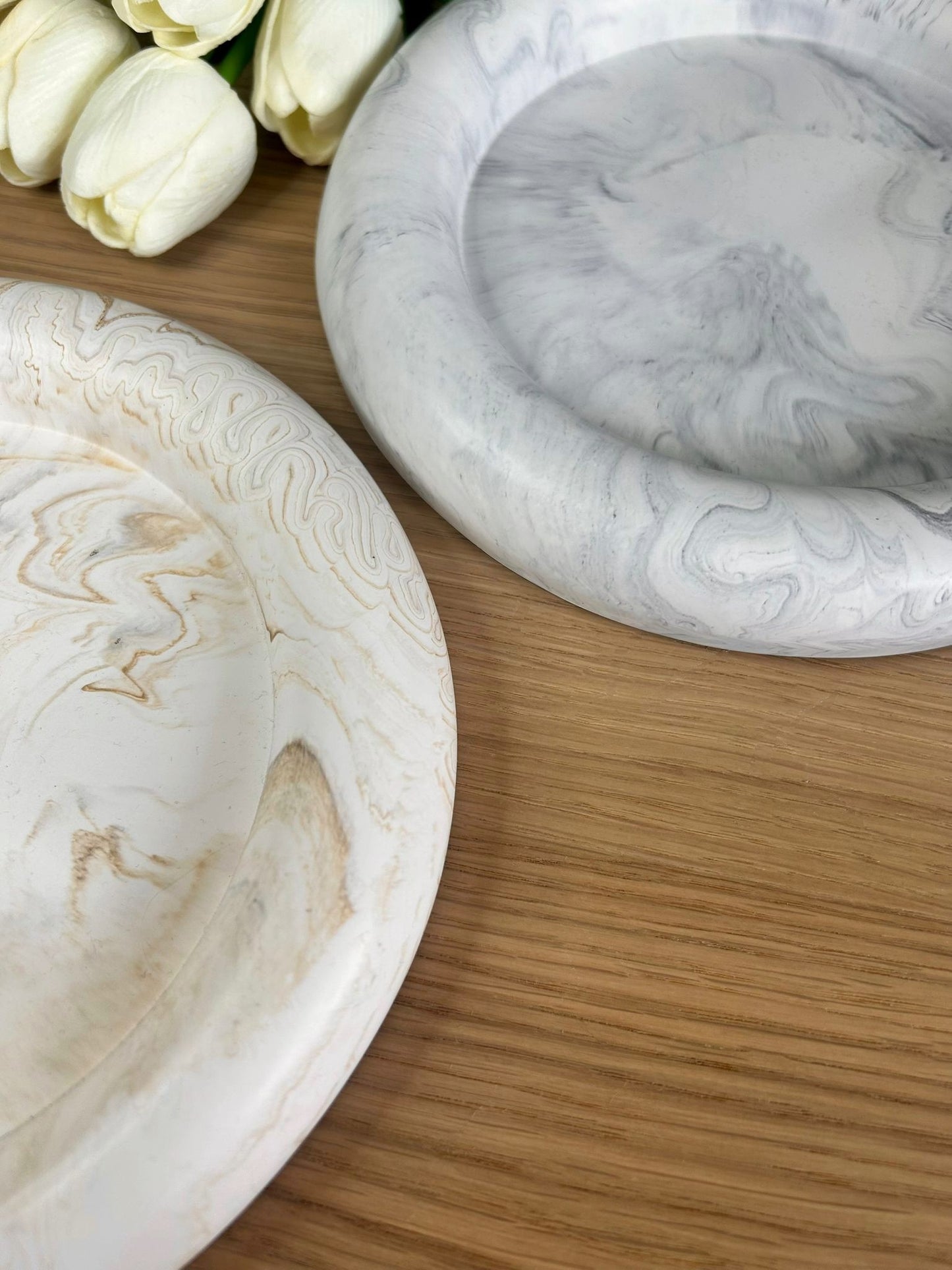 Set of two handmade marbled trays in neutral and grey tones – artisan home accessories for timeless styling.
