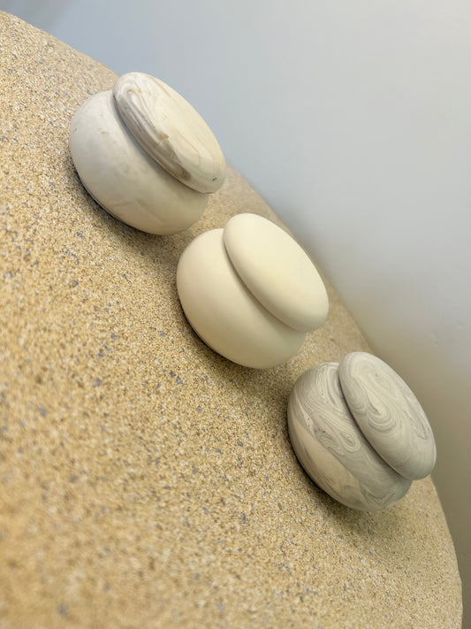 Handmade Home Accessories - three mushroom trinket pots, one beige marble, one grey marble and one pure white