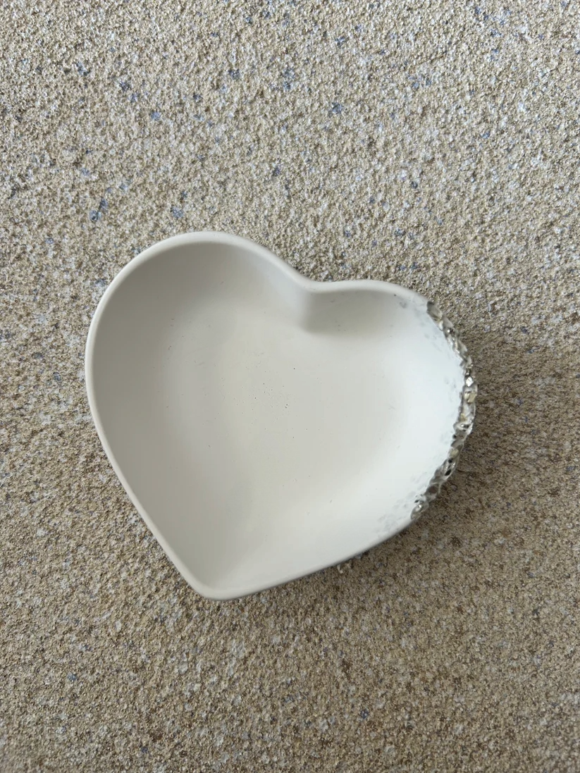 Handmade Home Accessories - a shot of the full small heart trinket dish in white with a raw silver druzy edge on the top right hand corner.