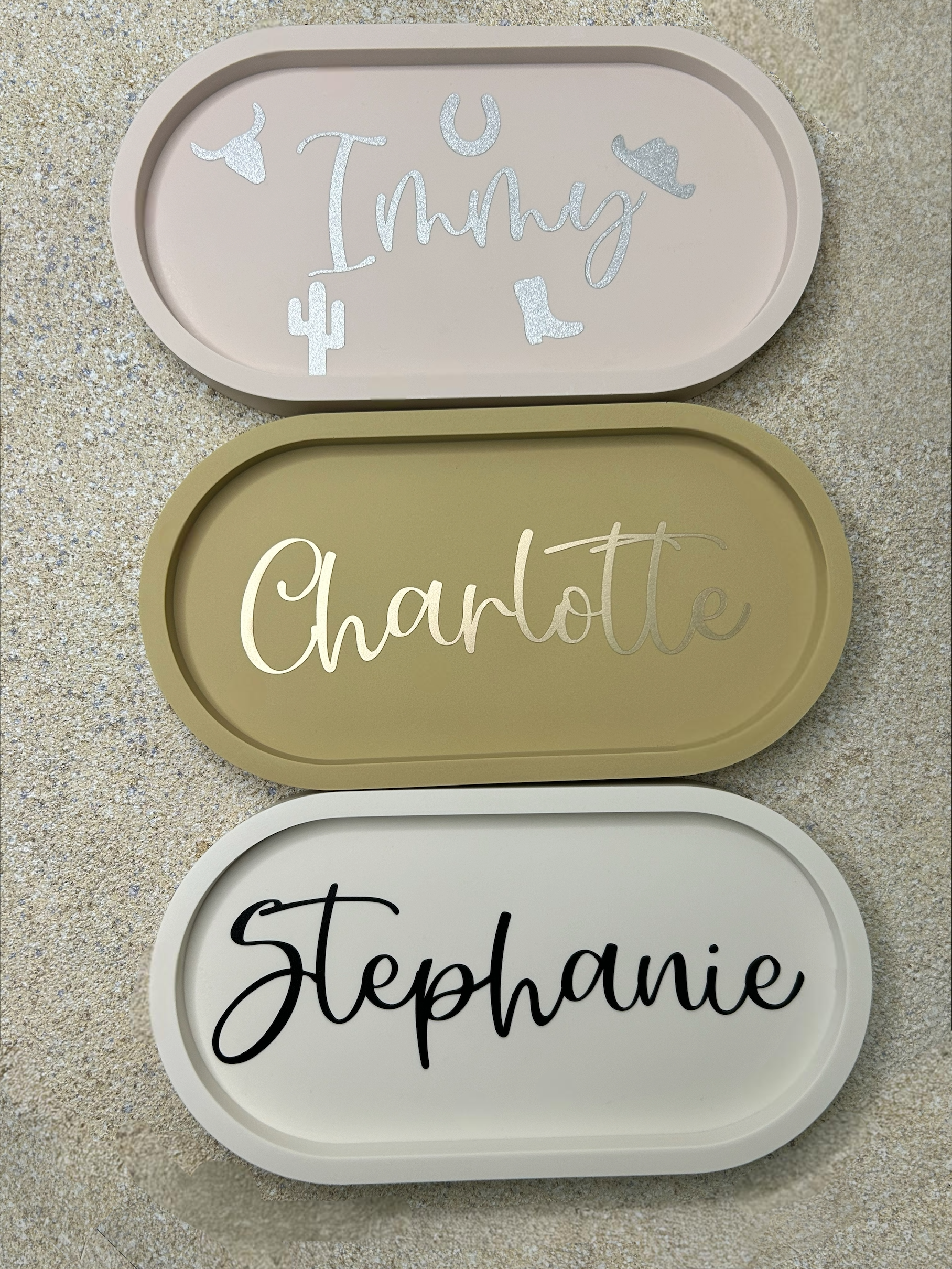 Handmade Home Accessories - Personalised Trinket Trays with the names, stephanie, charlotte and immy on in gold, silver an black