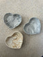 Handmade Home Accessories- three small heart trinket dishes, one in beige, one in grey and one in black.