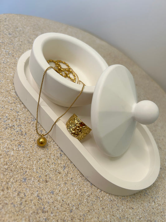 Handmade Home Accessories - a white trinket pot on a white trinket tray with a gold ring and necklace on