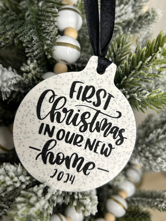 Handmade Christmas Decor - First Christmas in our new home bauble in black sparkling writing.