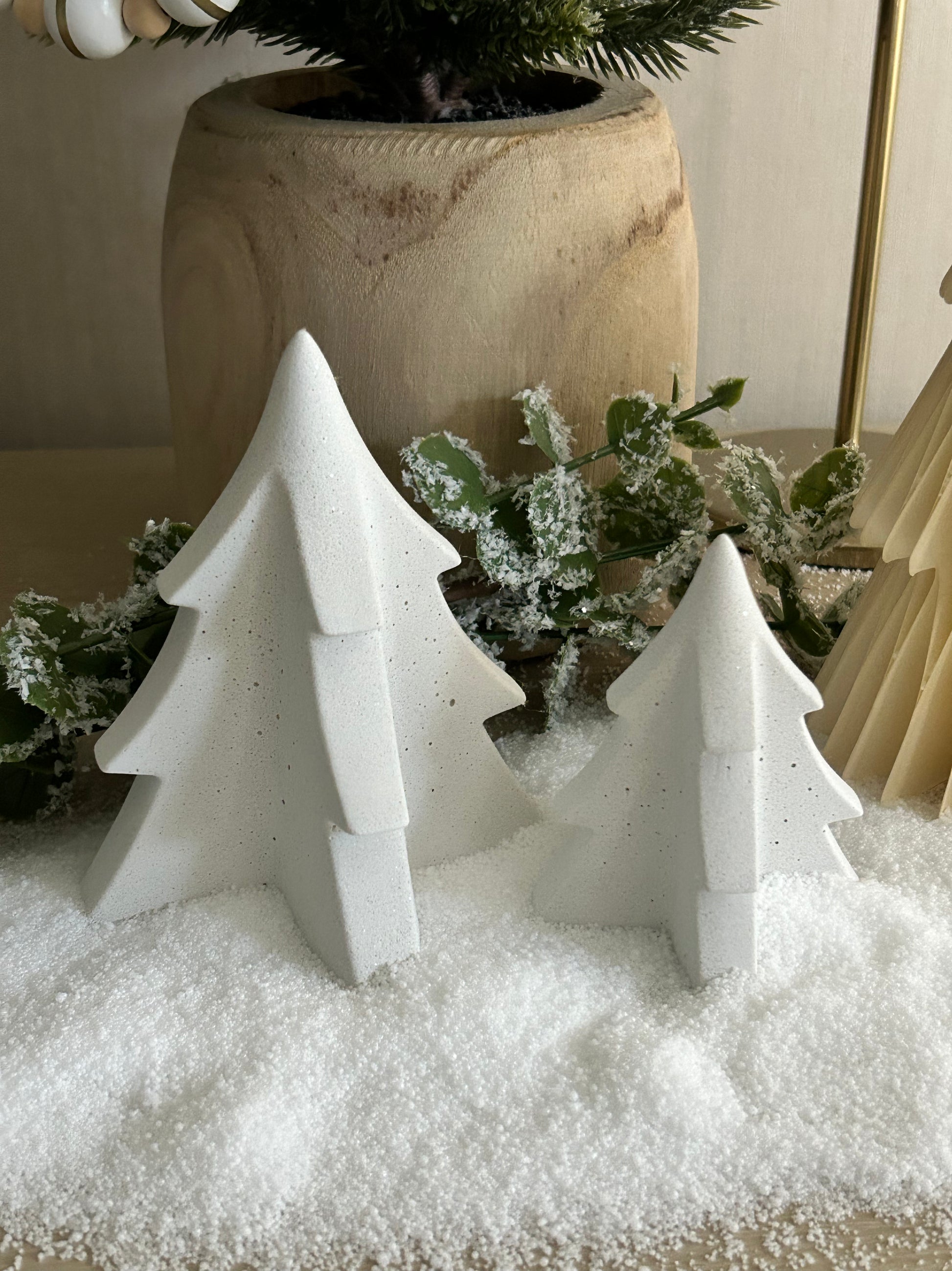 Handmade Home Accessories - Sparkling white marble christmas tree ornaments in a bed of snow.