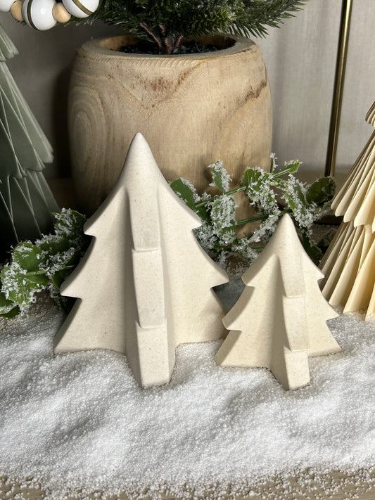 Handmade Home Accessories - A pair of neutral stone Christmas trees, one large and one small.