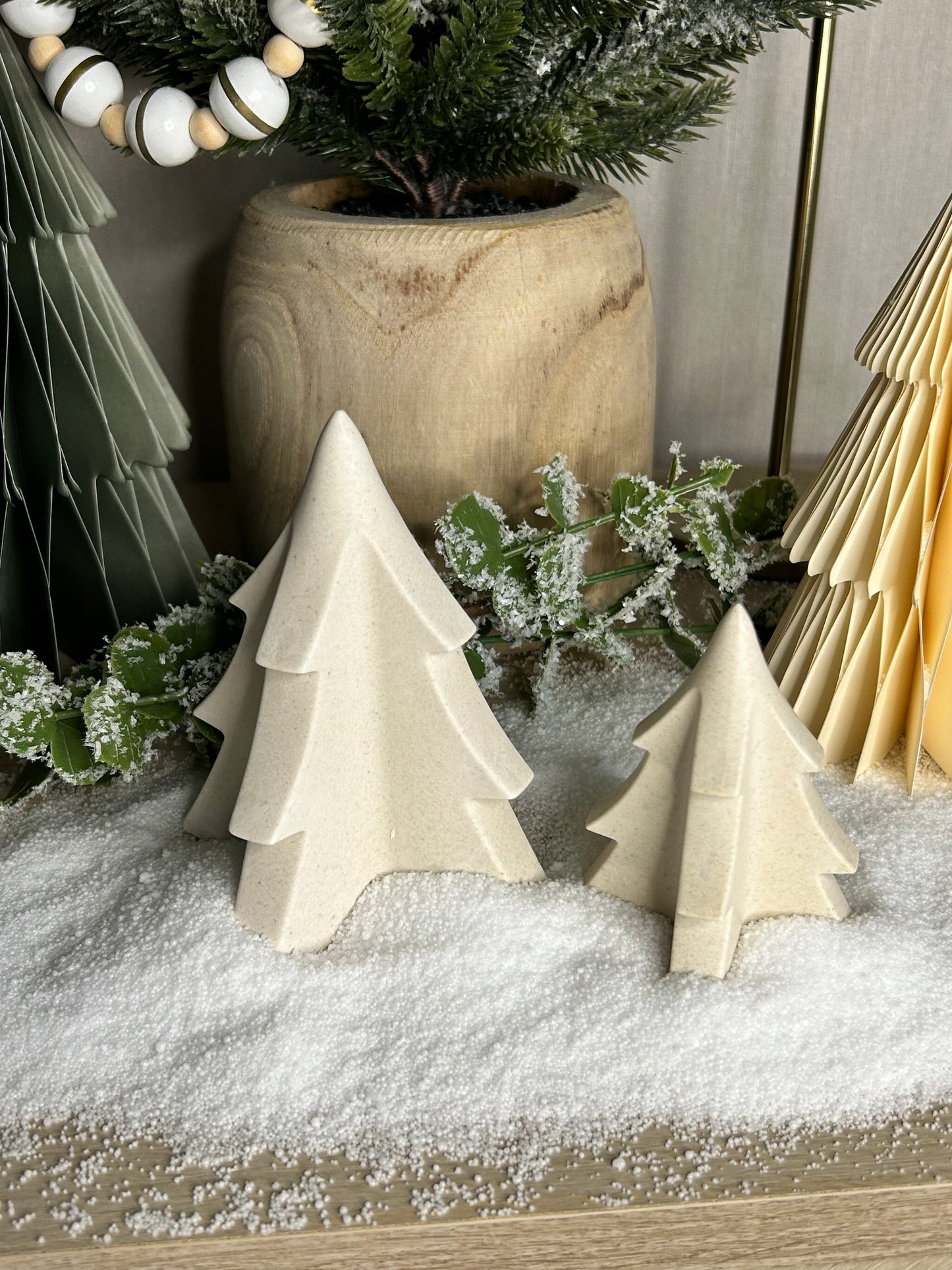 Handmade Home Accessories - Another angle of the stone neutral Christmas trees, showing their neutral colours.