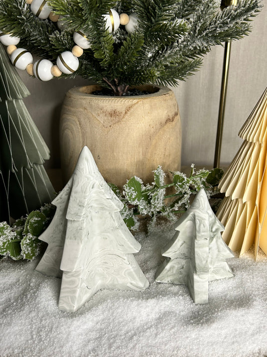 Handmade Home Accessories - Green marble christmas trees in a snow back drop.