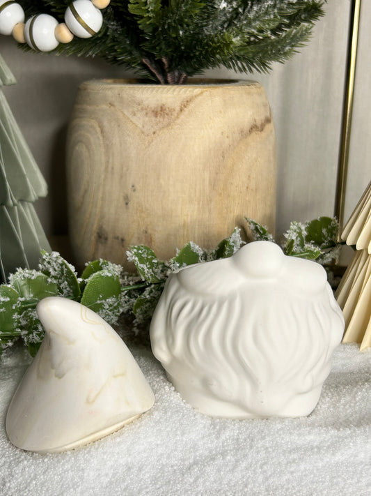 Handmade Christmas Decor - Neutral christmas gonk pot with the hat off showing the centre.