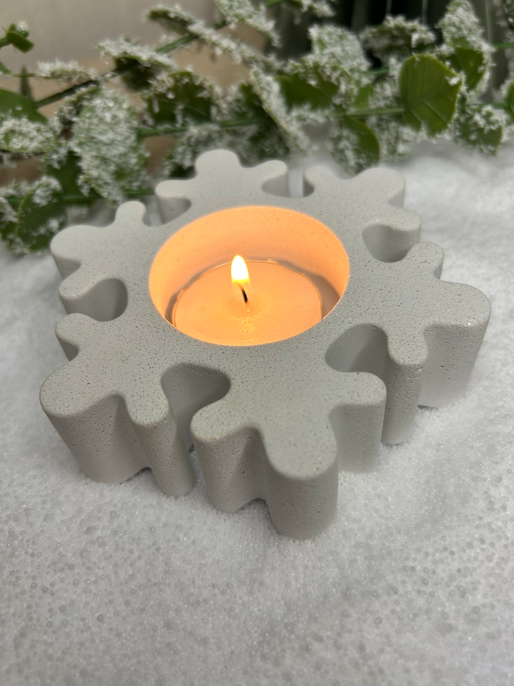 Handmade Christmas Decor - Sparkling white marble snowflake candle holder, with a tealight in.