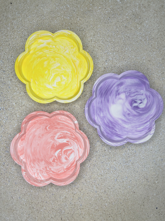 Handmade Home Accessories - three flower shaped candle dishes in a marble effect in pink, purple and yellow