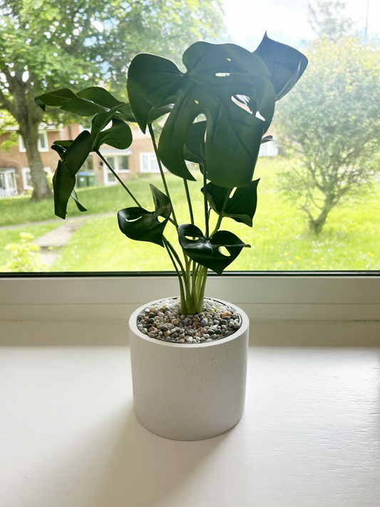 Handmade Home Accessories - an image of a white marble plant pot on a bay window