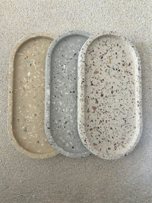 Handmade Home Accessories - Three traditional terrazzo trinket trays, one grey, one off white and one brown.