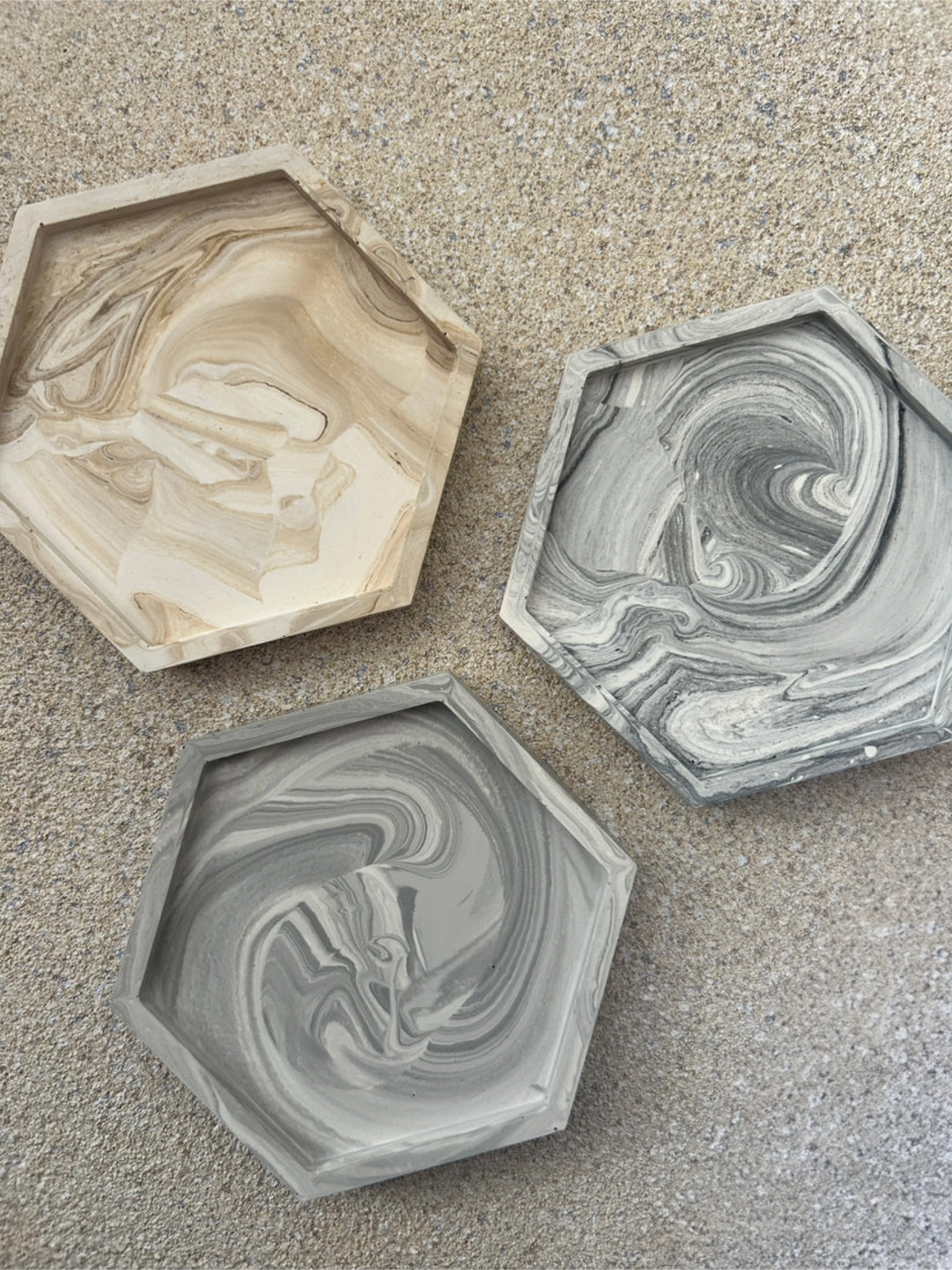 Handmade Home Accessories - Three hexagon shaped marble style coaster in black,grey and beige.