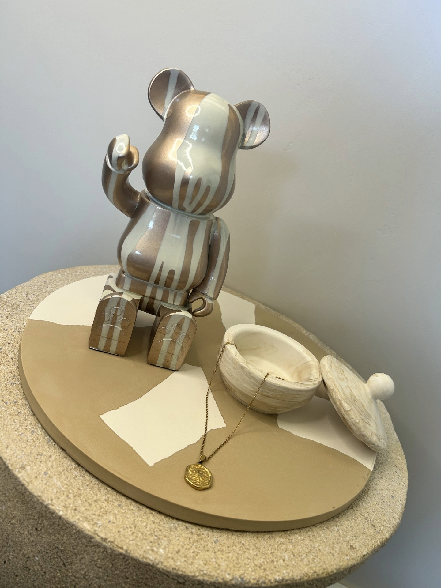 Handmade Home Accessories - a biege and white snap style tray with a marble pot and a teddy statue on to show what it can display