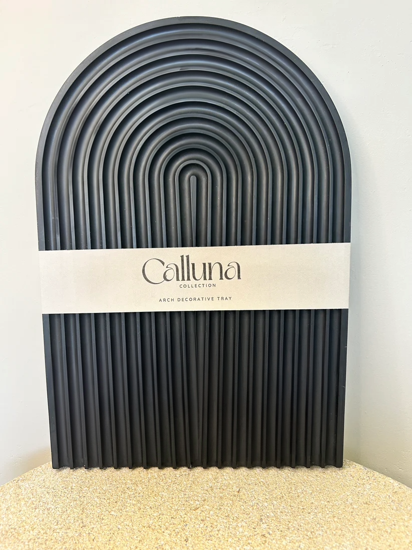 Handmade Home Accessories - a single large black arch tray with a belly band around stating calluna collection.