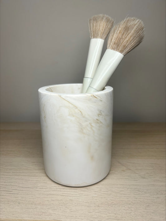 Handmade Home Accessories - a beige marble trinket pot with make up brushes displayed in it