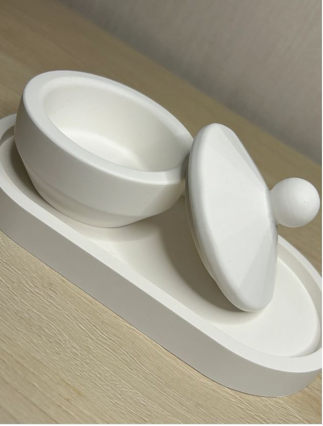 Handmade Home Accessories - a pure white trinket pot on a pure white trinket tray with the lid resting against the side