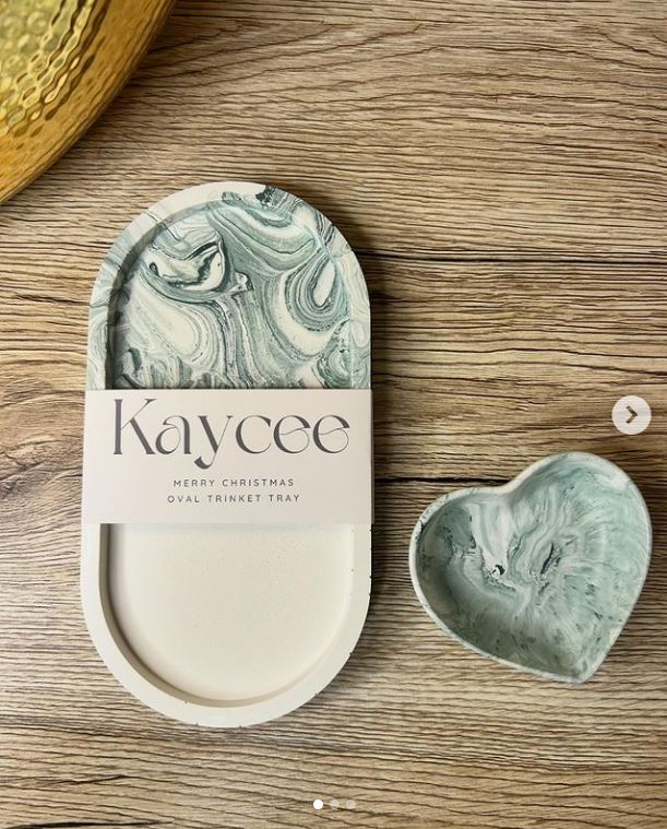 Handmade Home Accessories - A  sage marble and white split trinket tray with a matching heart trinket dish, the tray has a personalised belly band on it that states merry christmas kaycee.